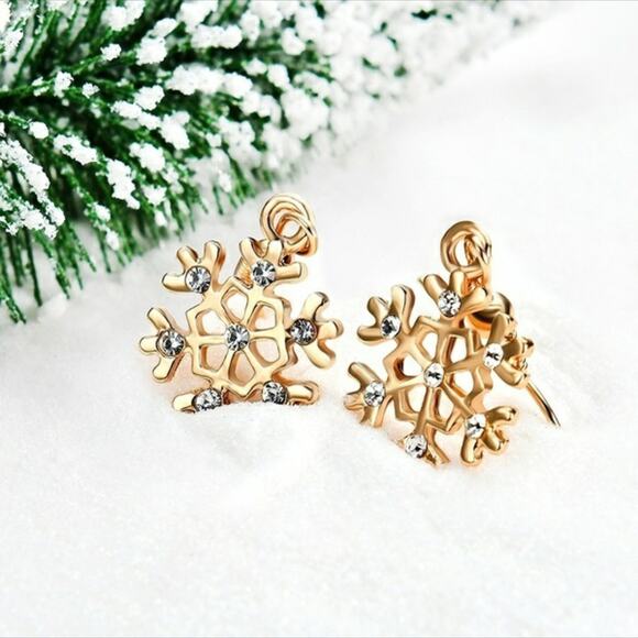 Gold and Rhinestone Snowflake Dangle Earrings - Picture 5 of 6